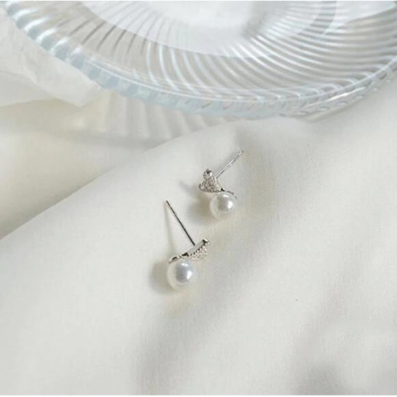 NEW 925 Sterling Silver Diamond Pearl Stud Earrings - Picture 13 of 13